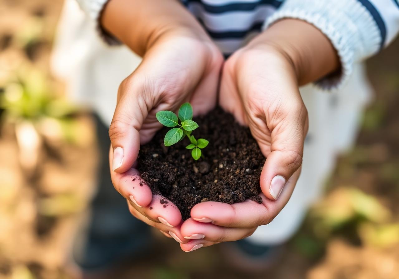 Hands holding a young plant — new beginnings