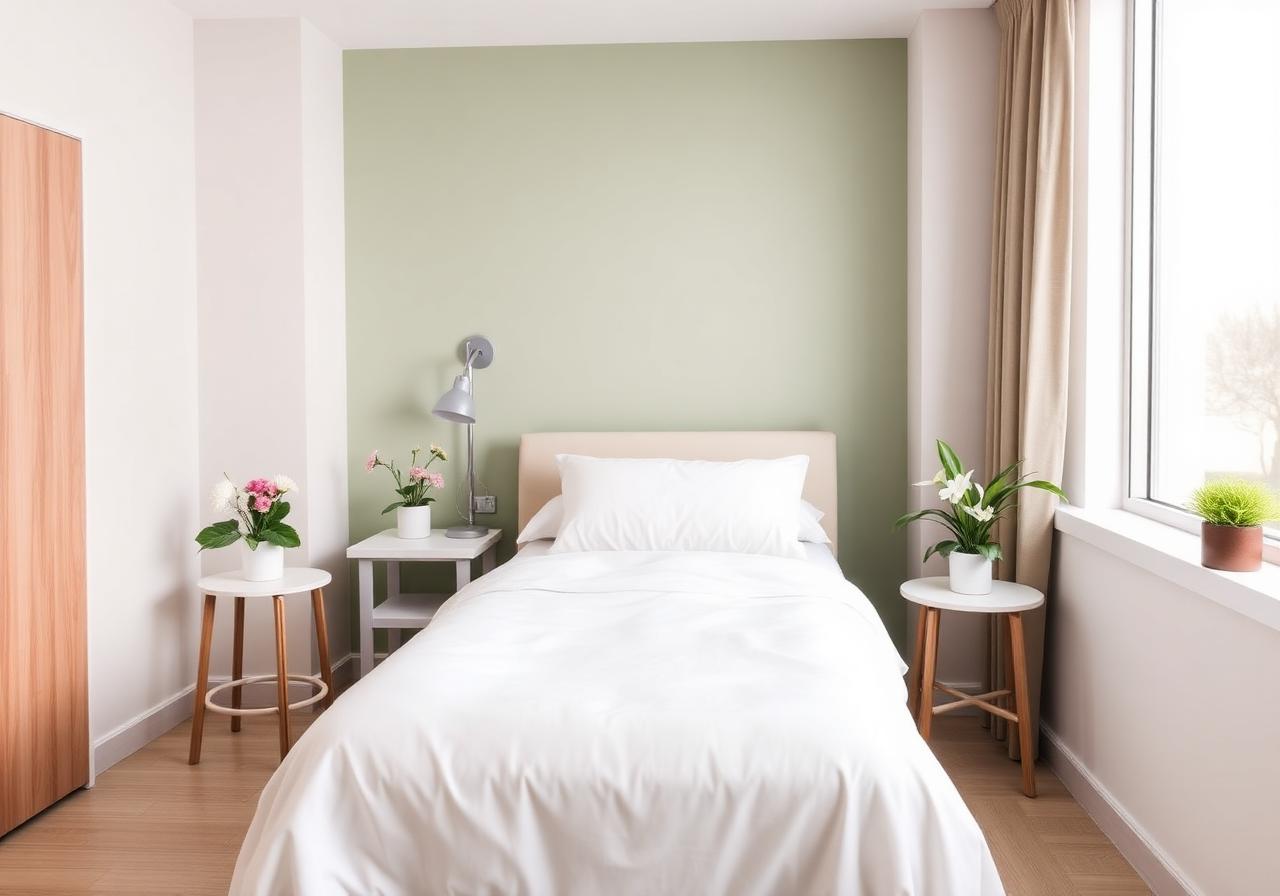 Comfortable private patient room with sage green decor